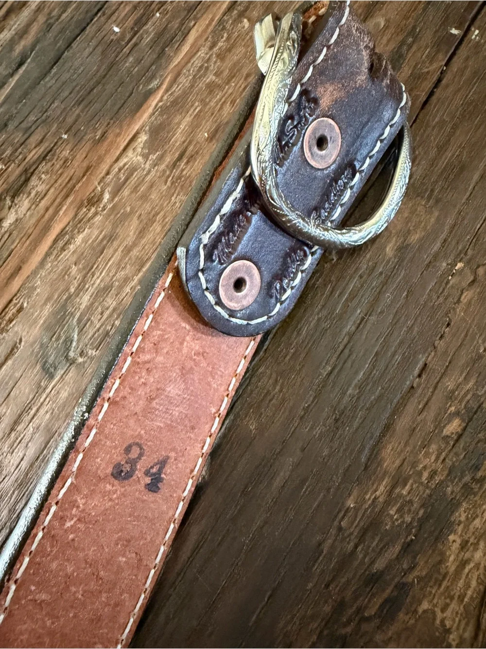 Double J Saddlery Brown Hand Tooled Leather Unisex Belt with Silver Buckle 34”